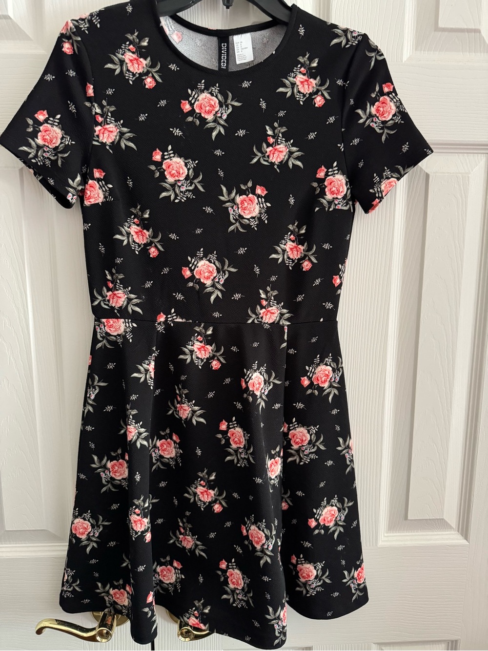 H&M Black Mini Dress with Pink Rose Print